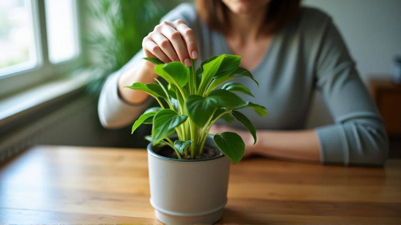 A woman stretches out to touch a green houseplant on a wooden table, illuminated by soft window light.