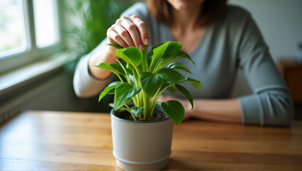 Woman Reaching for Green Houseplant on Table