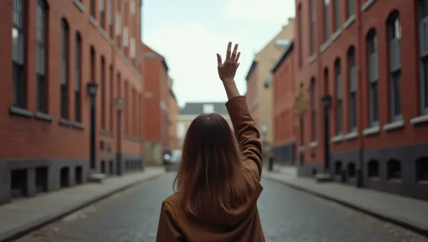 Woman Reaching Sky on Cobblestone Street Scene