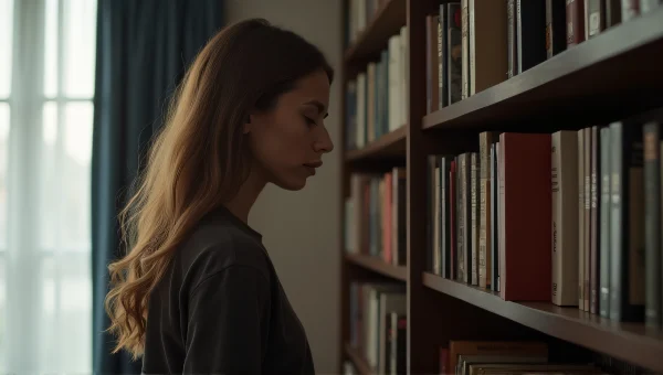 Woman Reading Beside Tall Brown Bookshelf