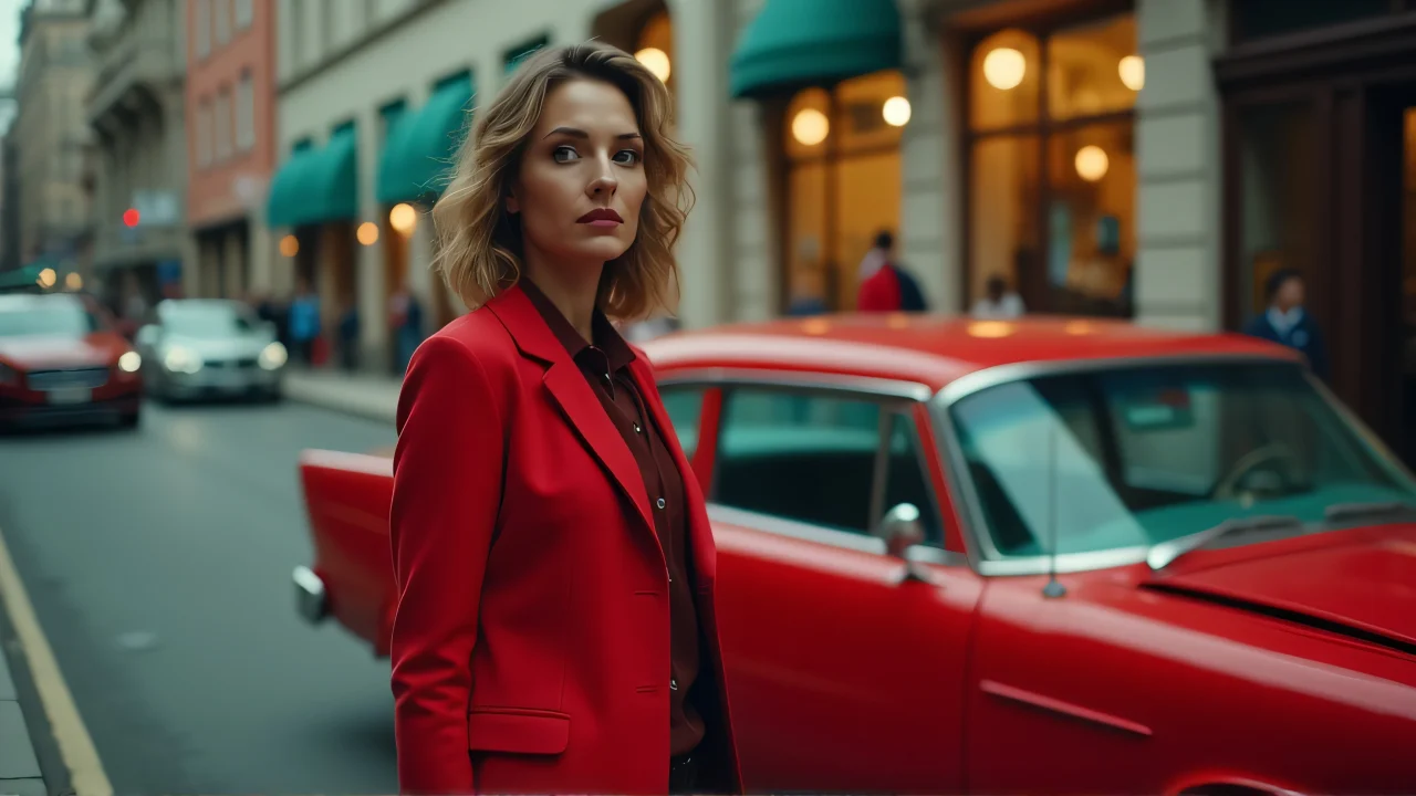 A woman stands beside a red vintage car on an urban street corner in evening light.
