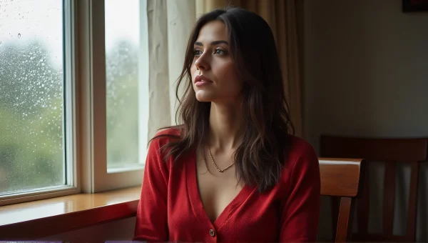 Woman in Red Cardigan by Rainy Window