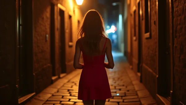 Woman In Red Dress Alley Streetlamp Reflection