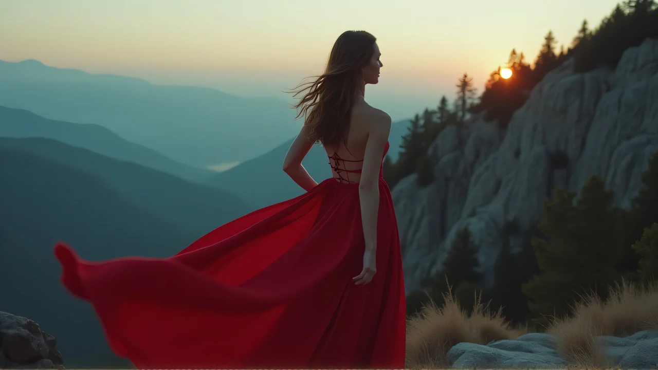 A woman stands near a rocky mountain ridge in a flowing red dress at dusk, with soft sidelighting and pine silhouettes.