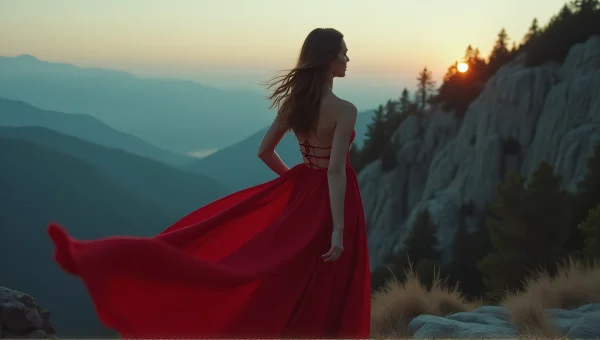 Woman In Red Dress By Rocky Mountain Ridge
