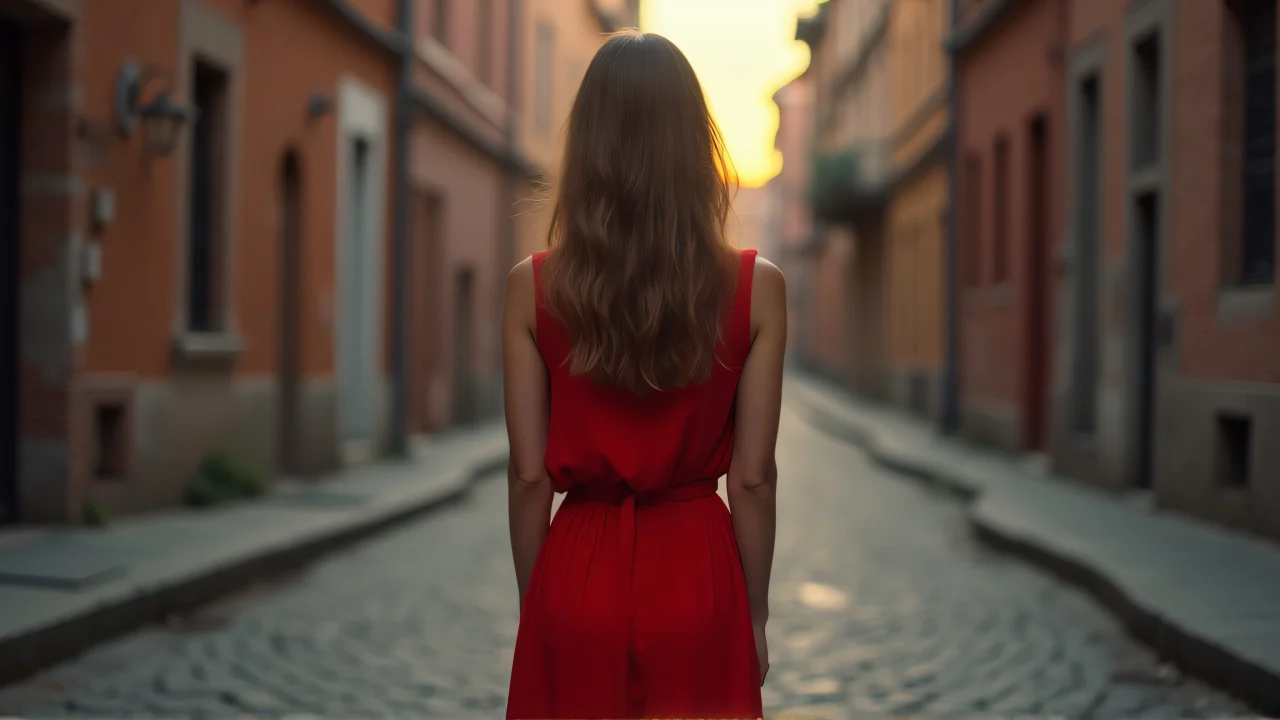 A woman in a red sleeveless dress stands on a cobblestone street at dusk, illuminated by soft backlighting.