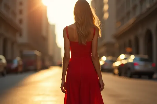 Woman In Red Dress Standing On City Sidewalk