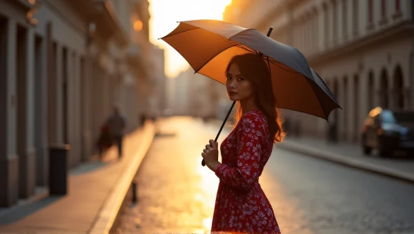 Woman In Red Floral Dress Holding Umbrella