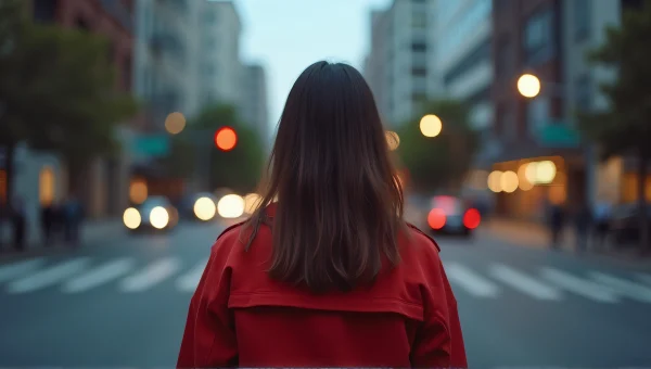 Woman In Red Jacket At Urban Crossroads Dusk