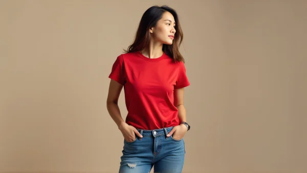 Woman in Red Shirt and Blue Jeans Relaxed Pose