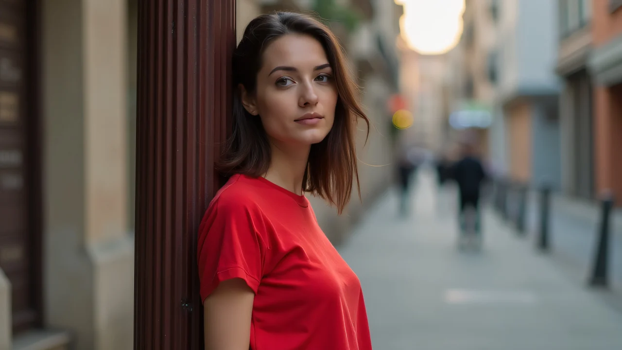 A woman in a red t-shirt leans against a wooden post in an urban setting.