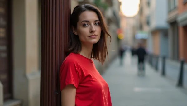 Woman in Red T-Shirt Leaning Against Wooden Post