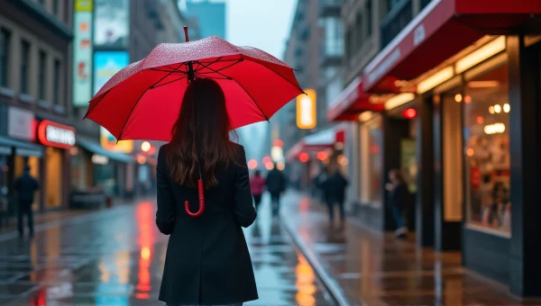 Woman With Red Umbrella On Rainy City Sidewalk