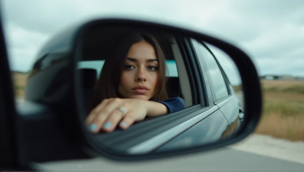 Woman Reflecting in Car Mirror at Roadside