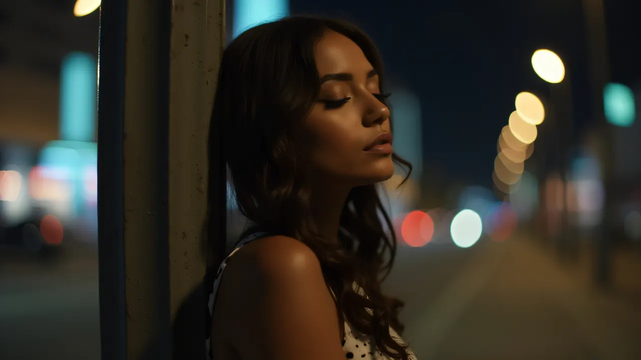 A woman leans on a pole with eyes closed, enjoying the night urban atmosphere.