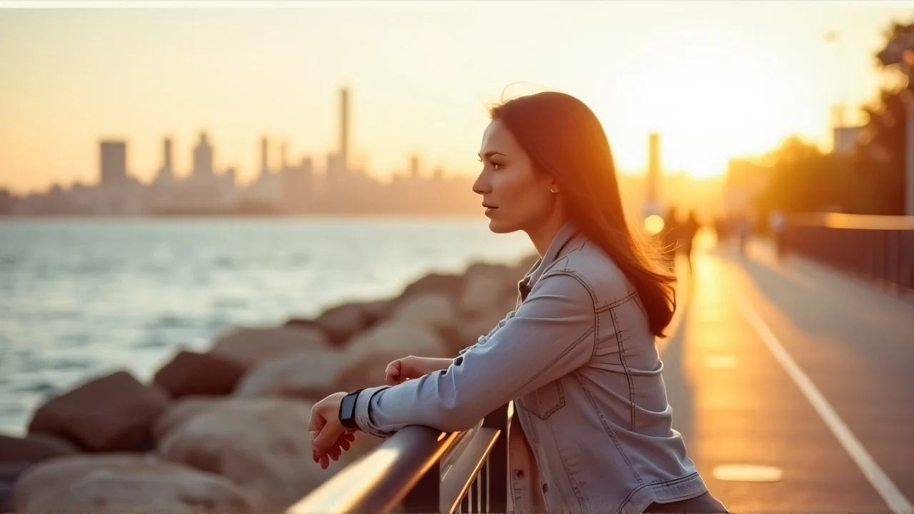 A woman leans on a metal railing at a waterfront pier during sunset with a city skyline in the background.