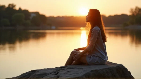 Woman Relaxing Beside Calm Lake at Golden Hour