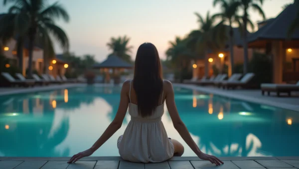 Woman Relaxing Beside Pool at Dusk Reflection