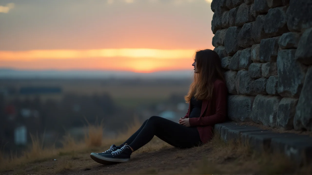 A woman sits beside a weathered stone structure at twilight, surrounded by mist.