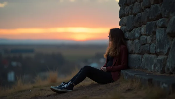 Woman Relaxing Beside Weathered Stone Structure