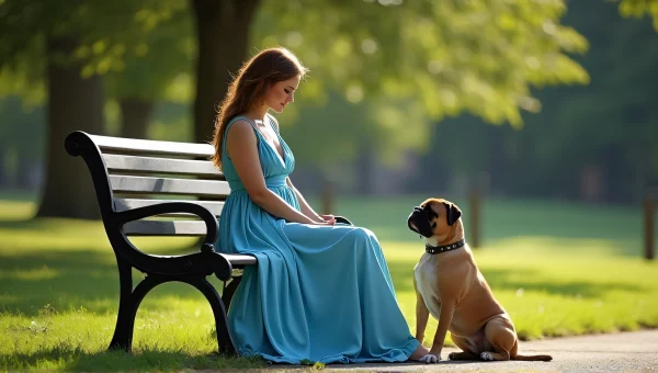 Woman Relaxing in Blue Dress with Pug in Park