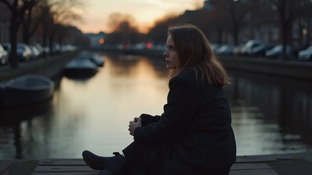 A woman sits peacefully on a wooden bench beside a canal at dusk, enjoying the tranquil atmosphere.