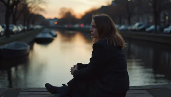 Woman Relaxing by Canal at Dusk