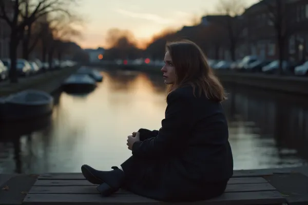 Woman Relaxing by Canal at Dusk