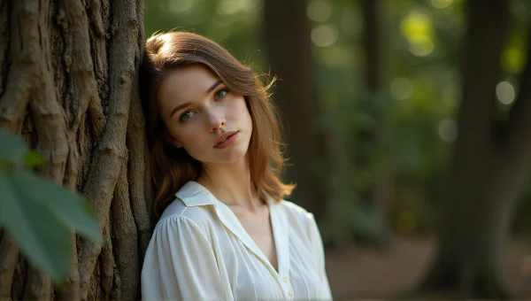 Woman Relaxing by Gnarled Tree in Forest