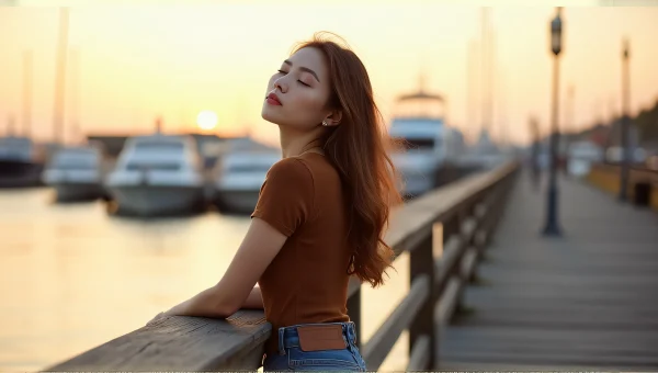 Woman Relaxing by Harbor in Golden Hour Light