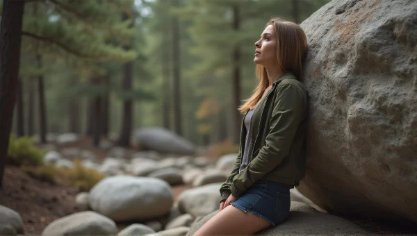 Woman Relaxing by Large Boulder in Pine Forest