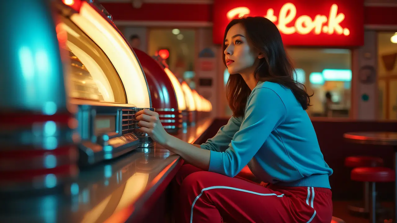 A woman in a blue shirt and red track pants sits beside a retro jukebox with neon reflections.