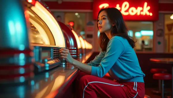 Woman Relaxing By Retro Jukebox In Warm Lighting
