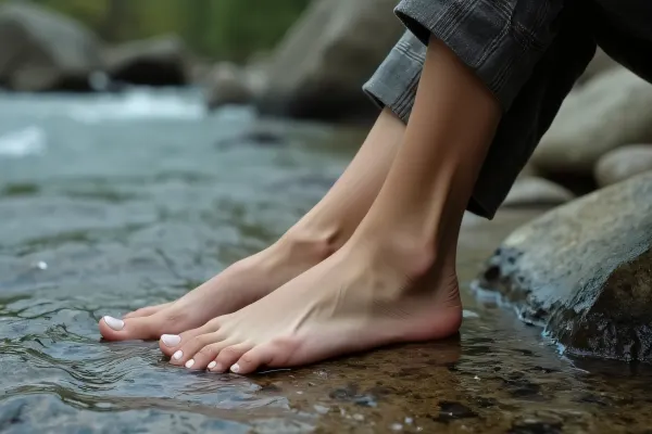 Woman Relaxing by River on Textured Rock Edge