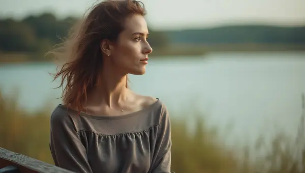 Woman Relaxing by Serene Riverbank in Soft Light