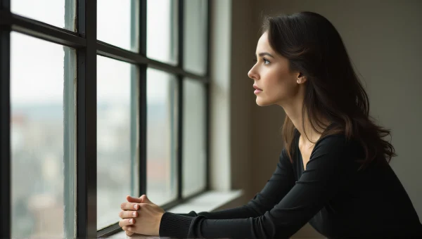 Woman Relaxing by Tall Windows in Minimalist Space