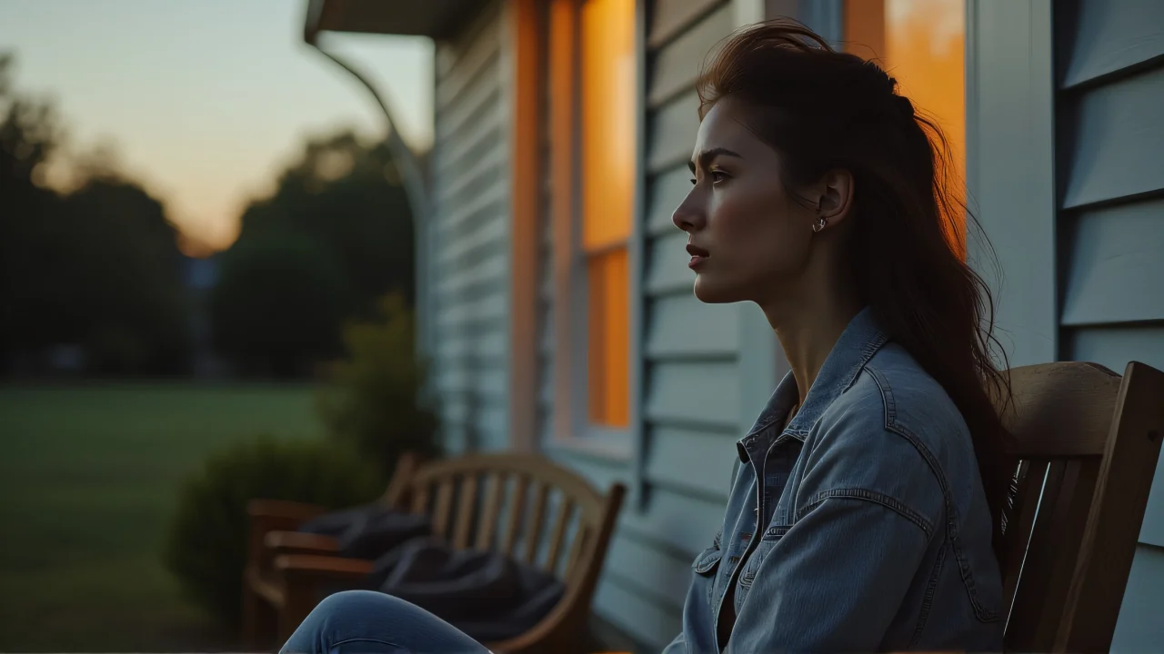 A woman sits beside a clapboard house at dusk, with her hair gently moving in the breeze.