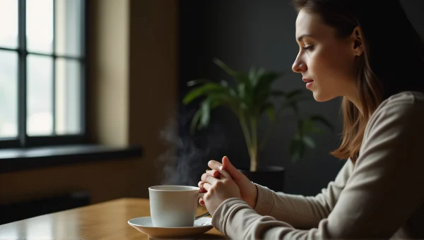 Woman Relaxing With Coffee At Wooden Table