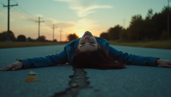 Woman Relaxing on Cracked Concrete Road at Dusk