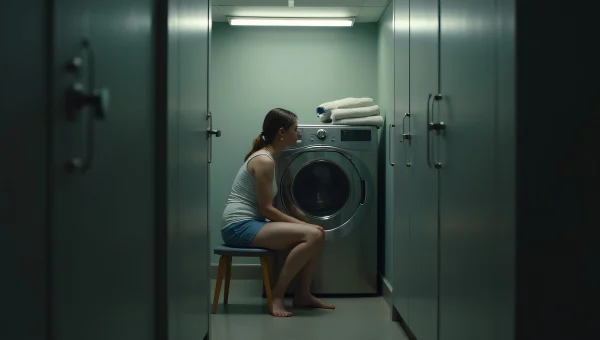 Woman Relaxing in Laundry Room with Towels