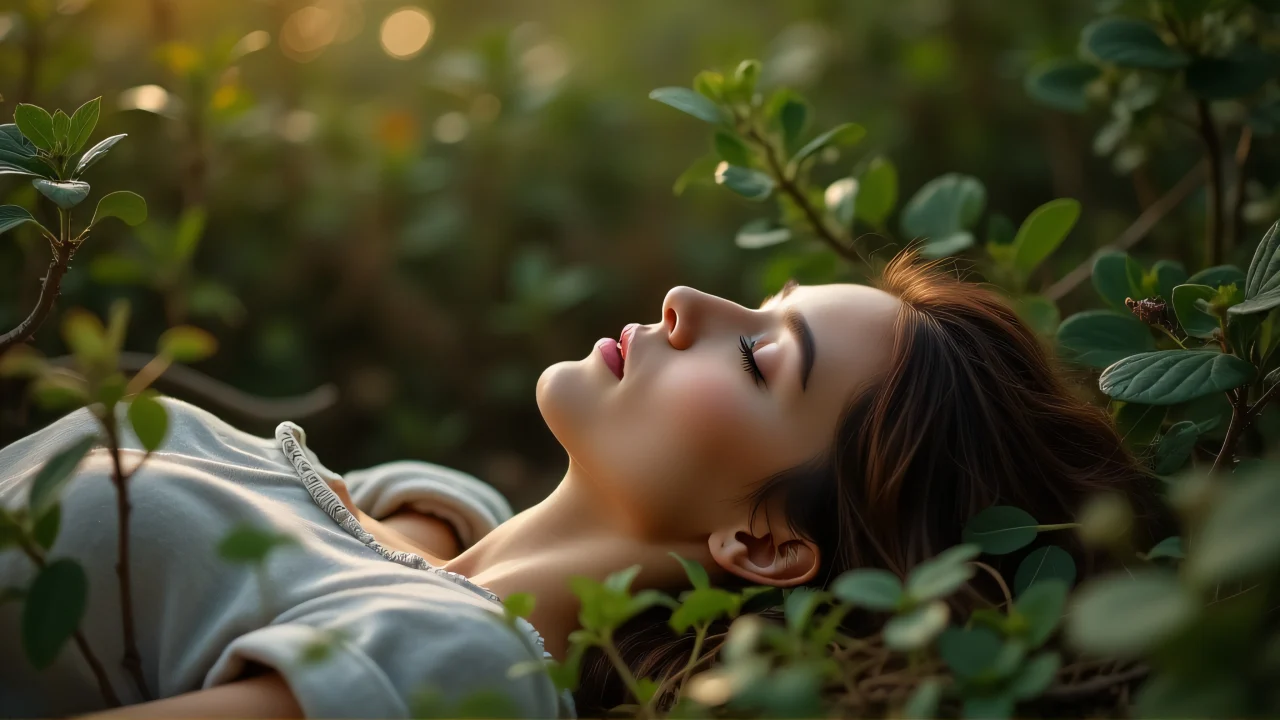 A woman reclines peacefully among lush green foliage, eyes closed and limbs relaxed.