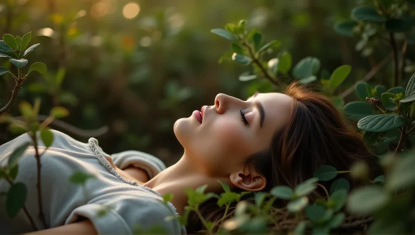 Woman Relaxing in Lush Foliage During Morning Light