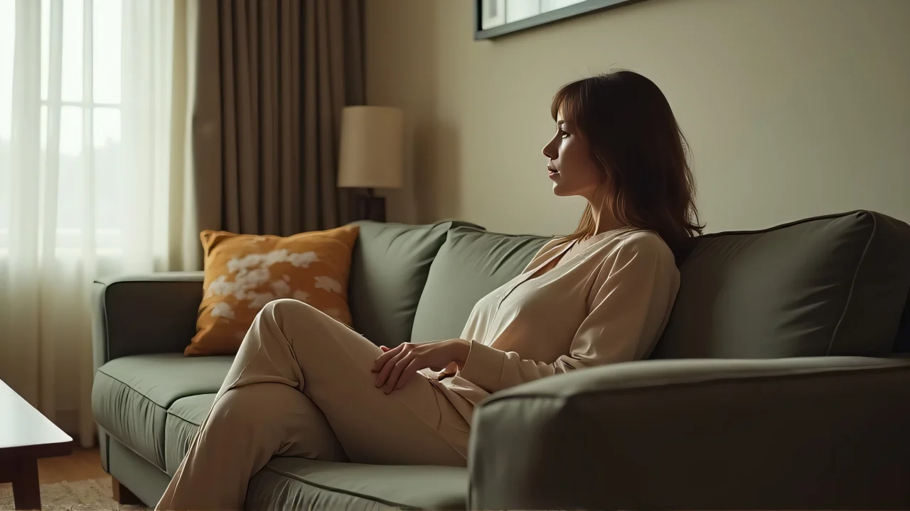 A woman sits comfortably on a mid-century couch in a softly lit living room.