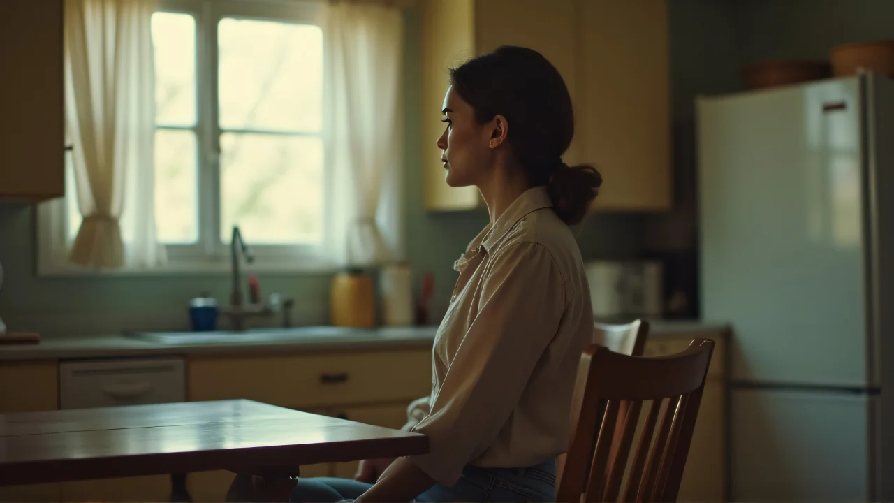 A woman enjoys a peaceful moment by a table in a mid-century kitchen with soft light.