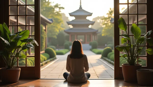 Woman Relaxing Near Plants In Tranquil Courtyard
