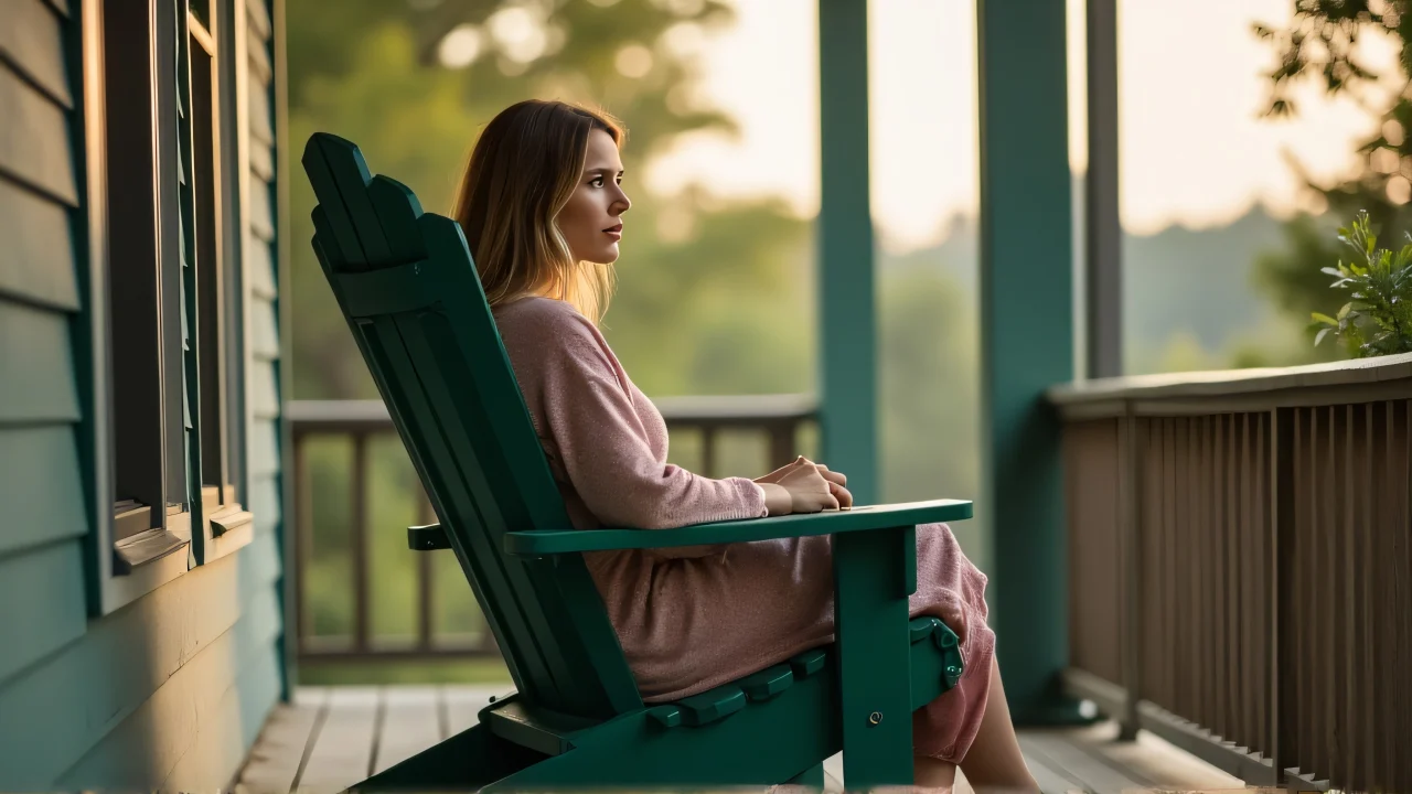 A woman sits comfortably on a green Adirondack chair, enjoying the late afternoon light on a wooden porch.