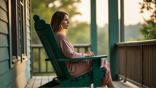 Woman Relaxing on Porch in Green Adirondack Chair