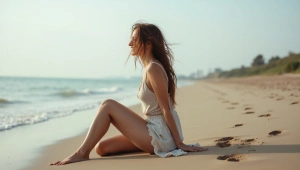 Woman Relaxing on Shoreline with Windy Hair
