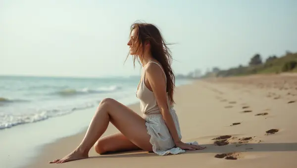 Woman Relaxing on Shoreline with Windy Hair