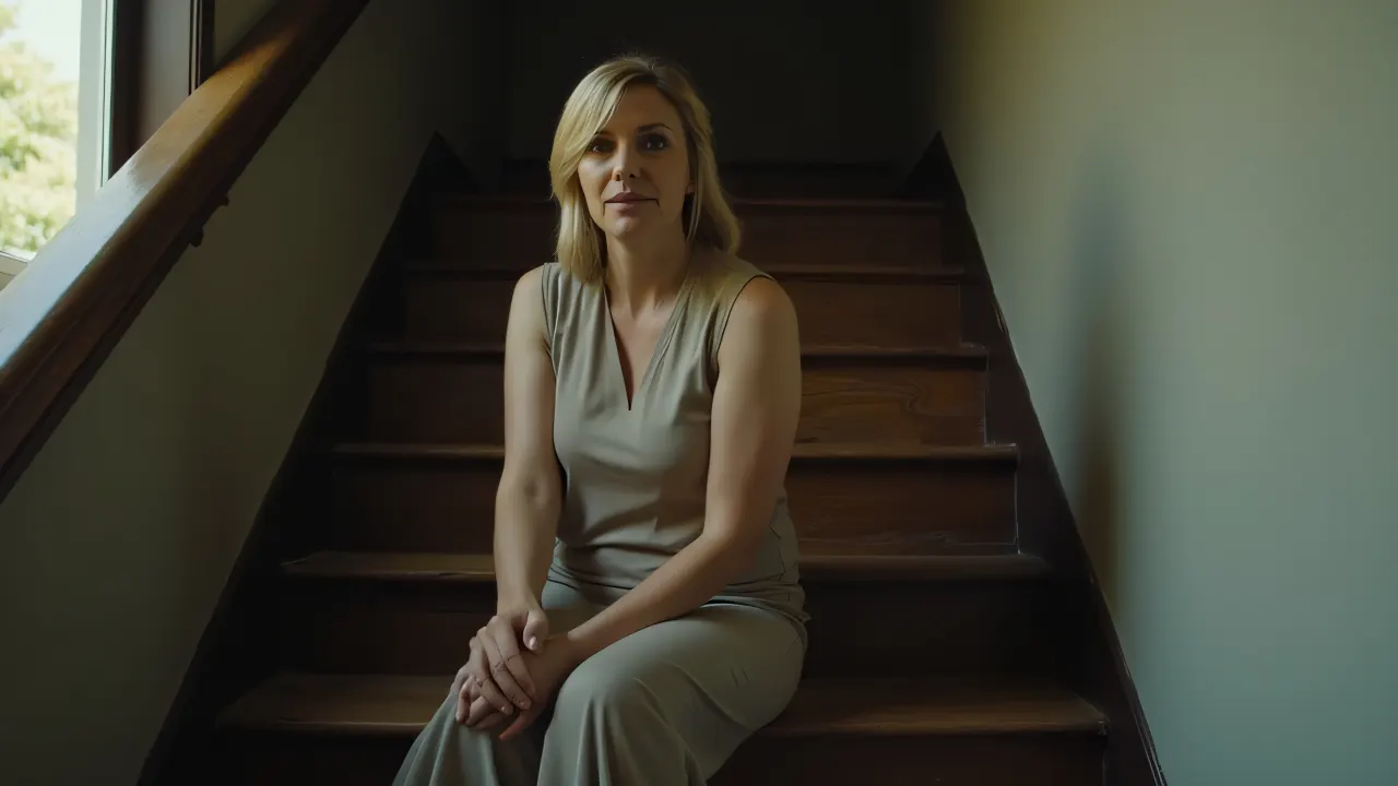 A woman sits on a staircase, hands folded, in soft window light.